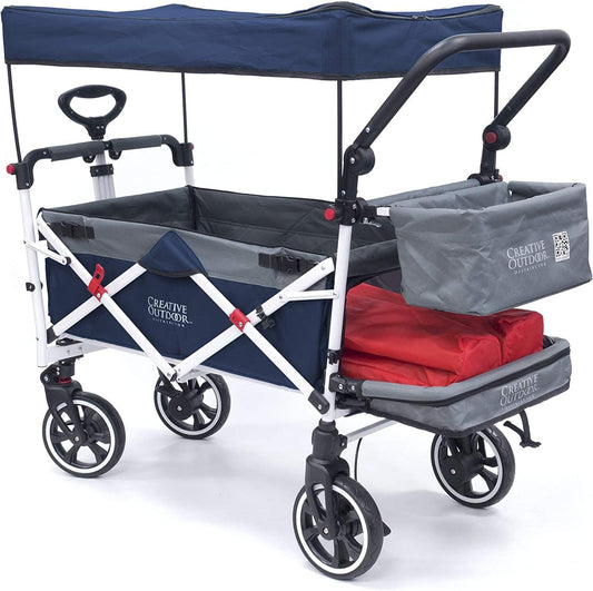 Creative Outdoor Wagon for Kids Push Pull Collapsible Stroller with Canopy Folding Cart for Beach, Park, Garden & Tailgate (Navy Blue & Grey)