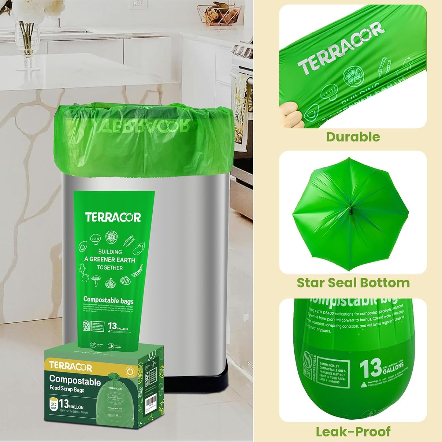 13 Gallon Compostable Trash Bags,50 Count, Heavy Duty Tall Kitchen Food Scrap Waste Bag,Certified BPI and ASTM D6400 Standard