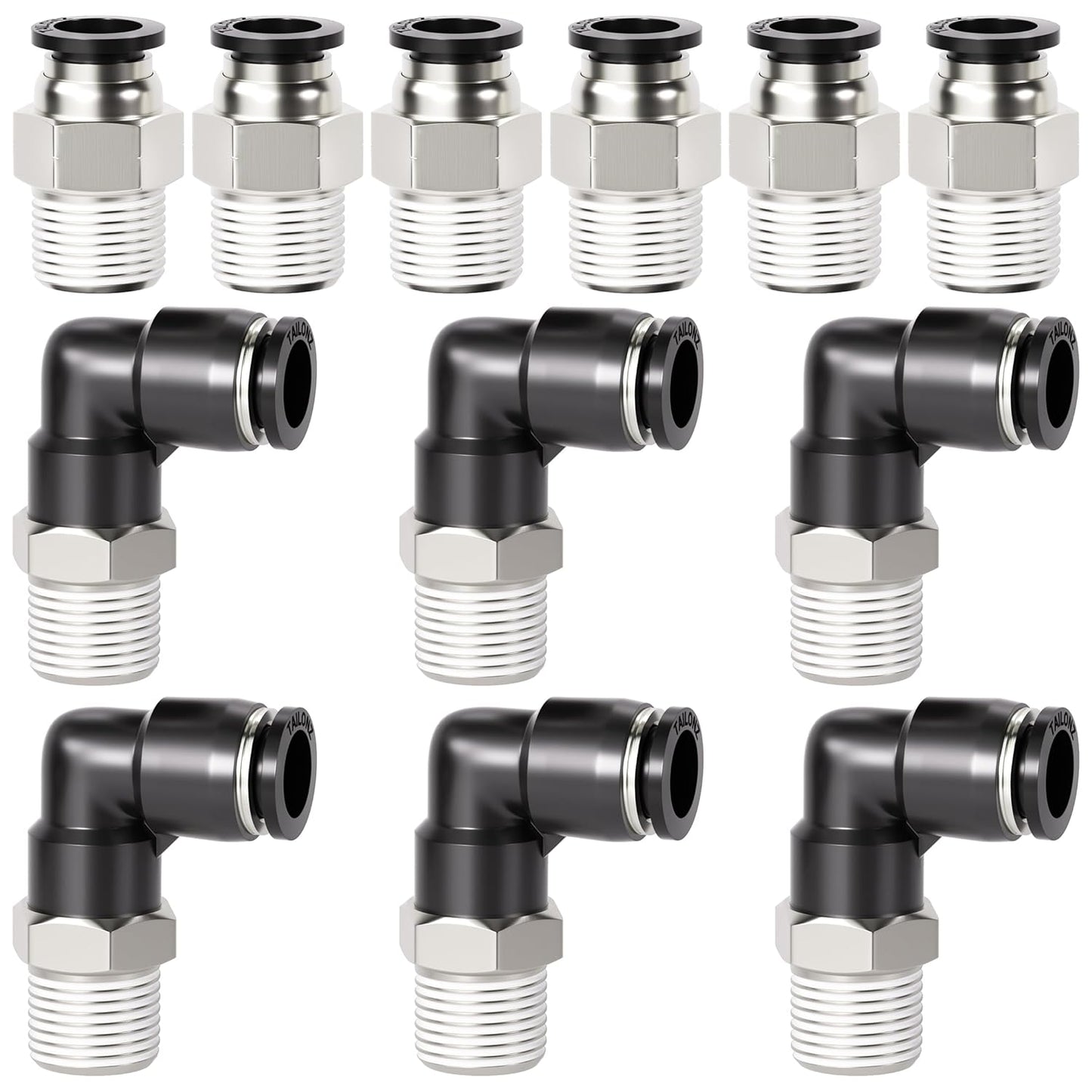 TAILONZ PNEUMATIC Elbow and Straight Combination 1/4 Inch Tube OD x 1/8 Inch NPT Thread Push to Connect Fittings PC-1/4-N1+PL-1/4-N1(Pack of 12)