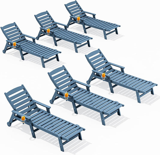SERWALL Patio Chaise Lounge Chair Set of 6, 5 Positions Adjustable Poly Outdoor Lounge Chair for Pool, HDPE Lounge Chair with Rolling Wheels & Cup Holder for Poolside, Deck, Blue
