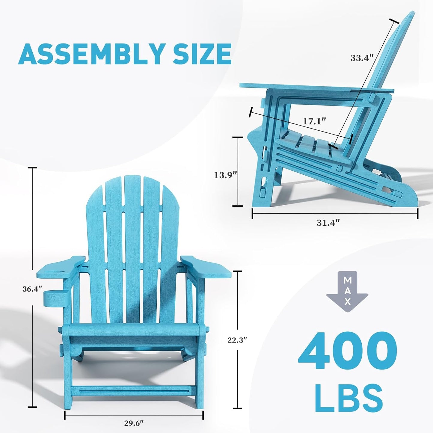 Adirondack Chairs Set of 2, Tool-Free Assembly All-Weather Plastic Adirondack Chairs, HDPE Fire Pit Chairs with Cup Holder, Outdoor Chair for Patio Garden（Lake Blue）