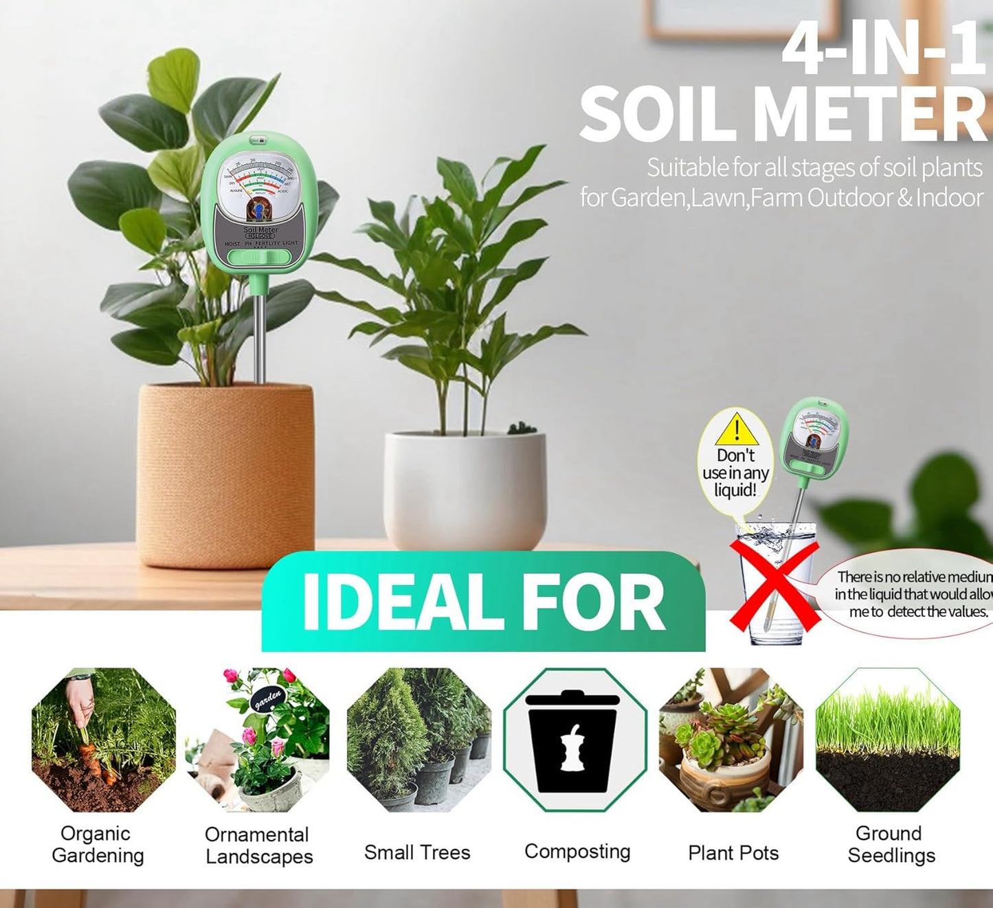 HSLGOVE 4-in-1 Soil Test Kit – Soil Moisture Meter, pH, Fertility & Sun-Light, No Battery Required, Large Dial Soil Tester for Indoor & Outdoor Gardening, Lawn, Farm – BabyGreen