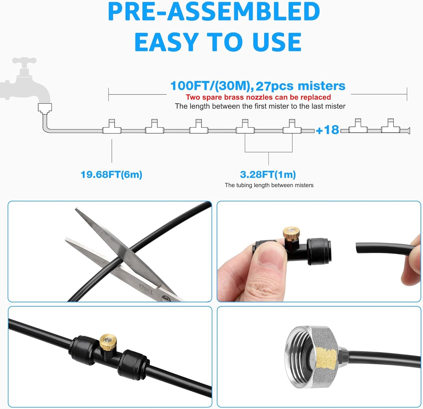 MIXC Misters for Outside Patio, 100FT (30M) Misting Line+27 Mist Nozzles+3/4" Brass Adapter, Outdoor Misting Cooling System for Patio Backyard Greenhouse Trampoline Horse Corral