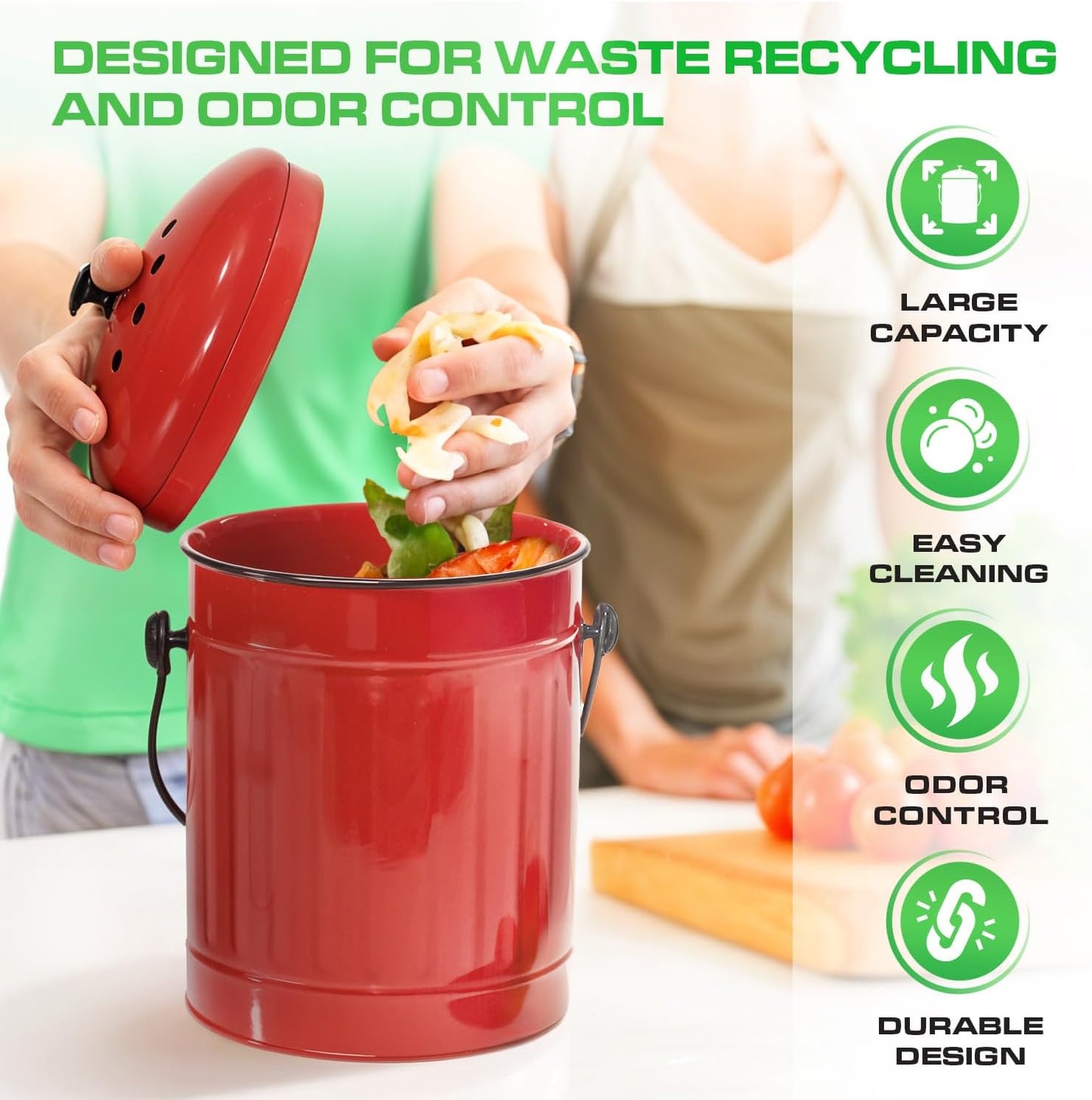 Plexon Countertop Compost Bin Kitchen with Lid, Red 1.5 Gallon Odorless Compost Container, Steel Food Compost Bucket for Kitchen with Charcoal Filter, Pail for Countertop