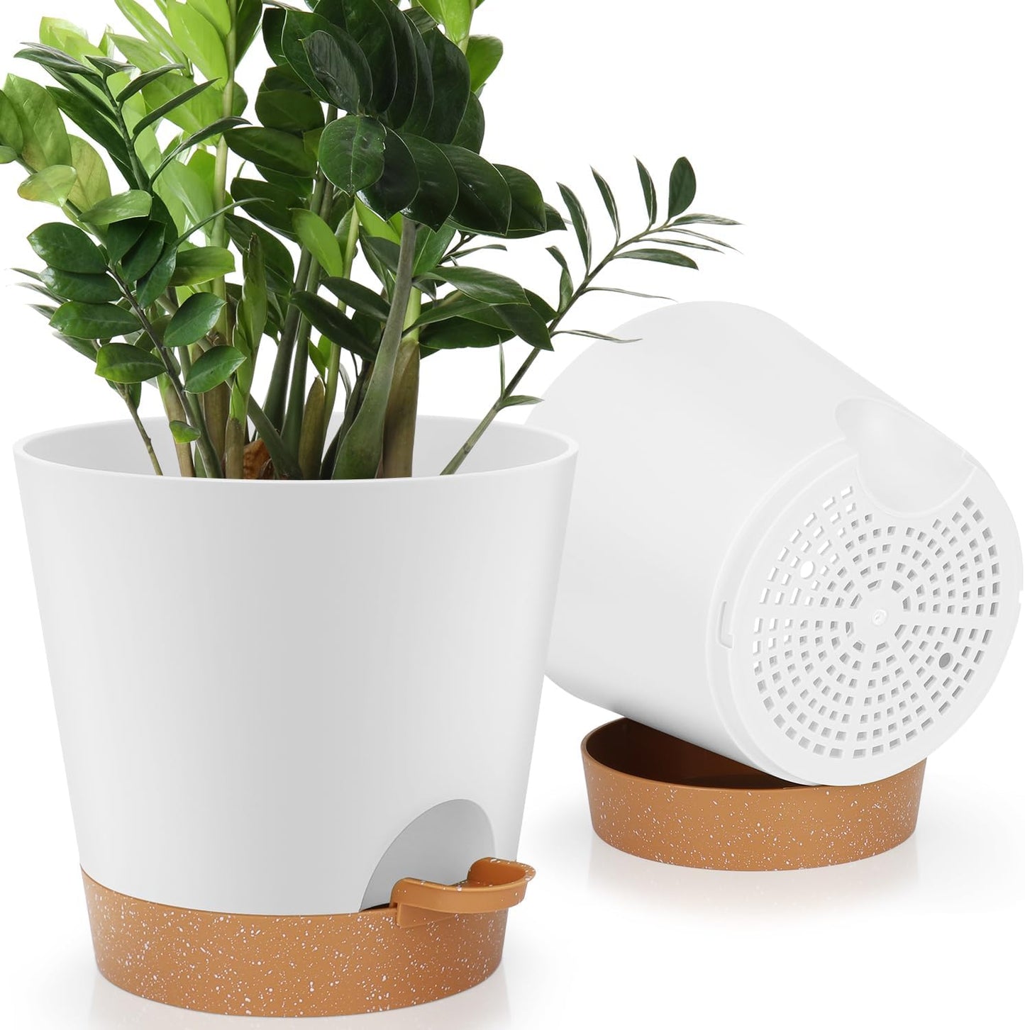 8-Inch Plant Pots, Self-Watering Planters with Drainage Holes & Saucers for Indoor and Outdoor Plants (2-Pack, White)