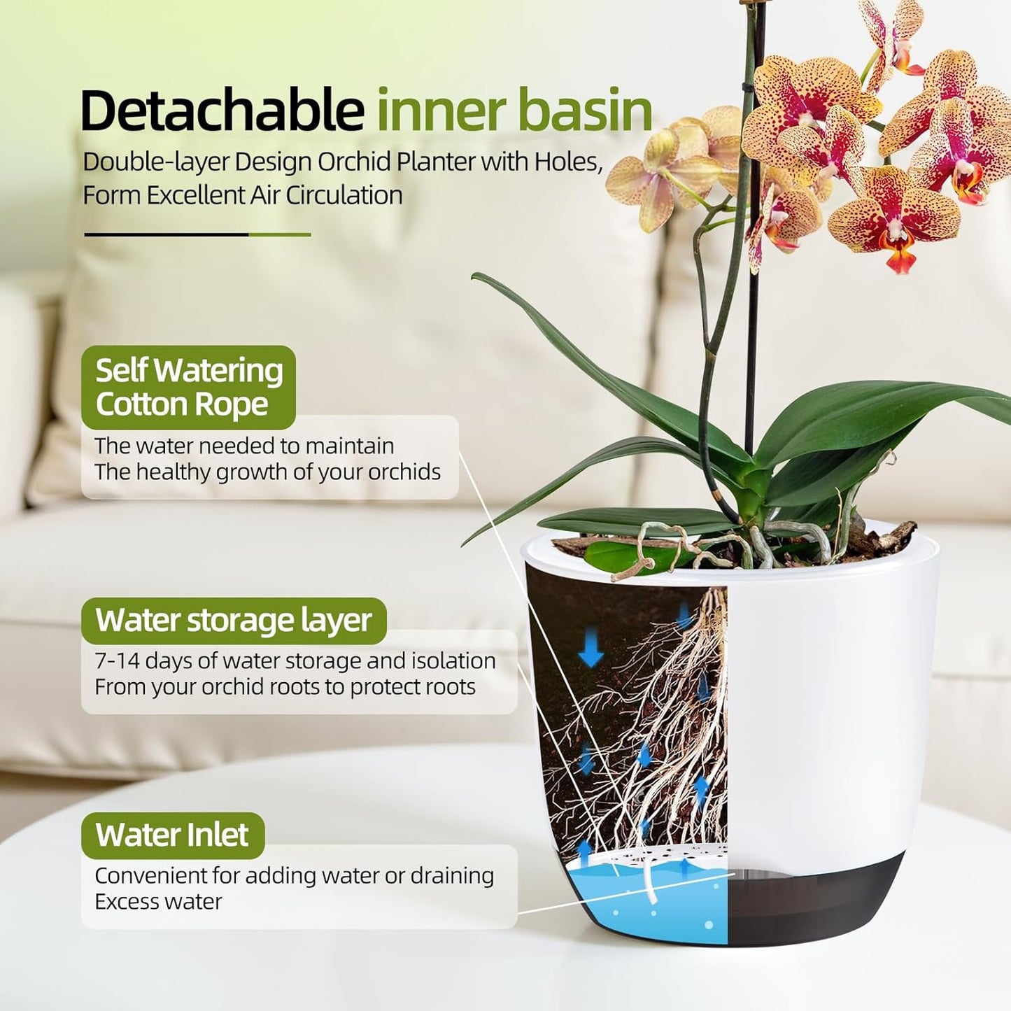 QCQHDU 2 Pack Orchid Pots with Holes for Repotting, Double-Layer and Self Watering Orchid Pot with Good Air Circulation
