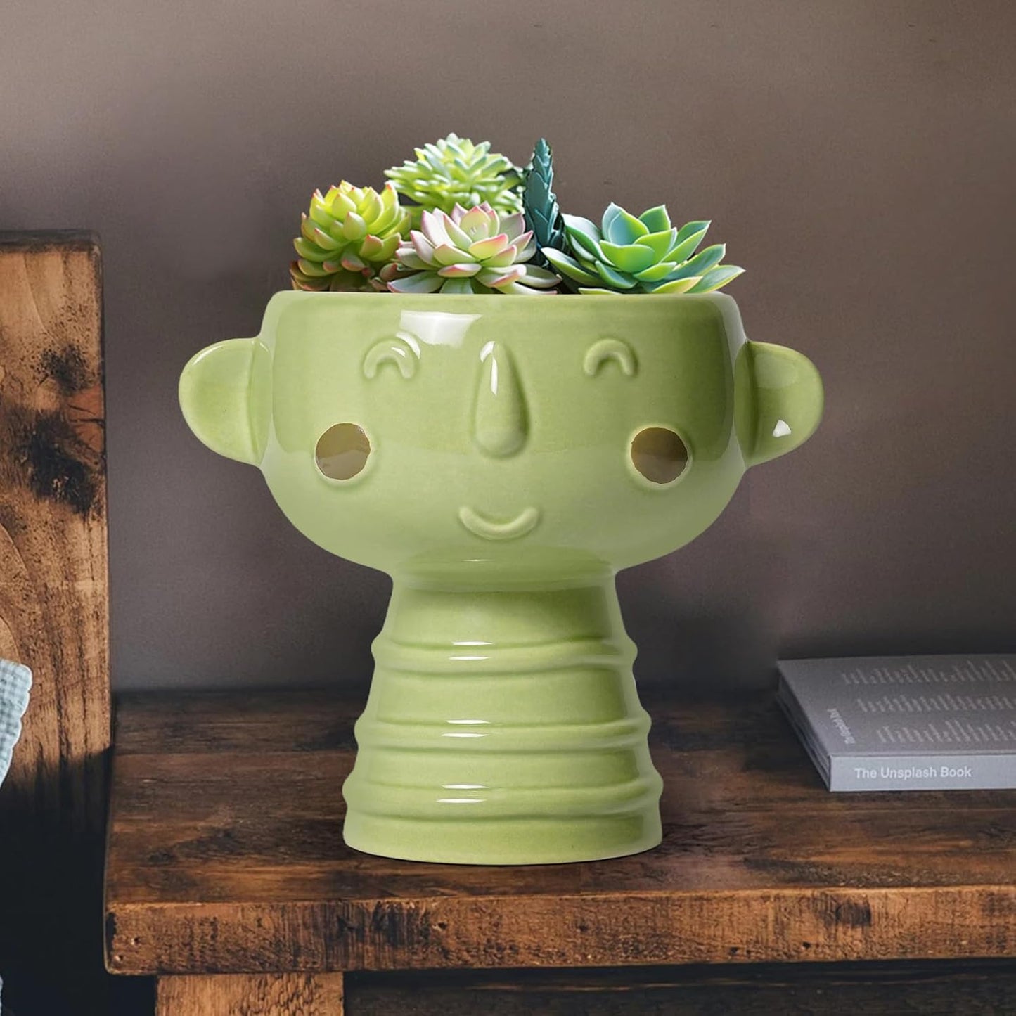 Face Planter Pots Head - 7 Inch Ceramic Succulent Plant Pots with Drainage Hole, Cute Head Planters for Indoor Outdoor Plants, Room Desk Office Decor, Plant Lover Gifts, Green
