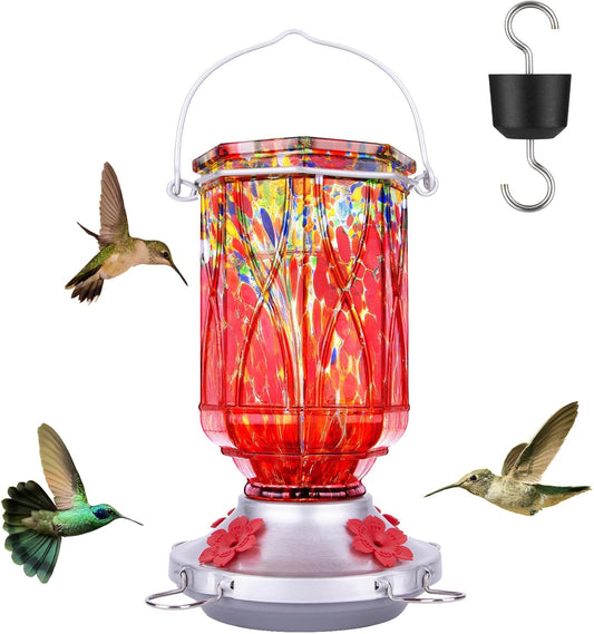 Hummingbird Feeders for Outdoors with Ant Moat, Hand Blown Glass Hummingbird Feeder, 4 Feeding Ports with Perch, Outdoor Garden Décor, 15 OZ, Red, Gifts for Mom Wife Dad Men Women
