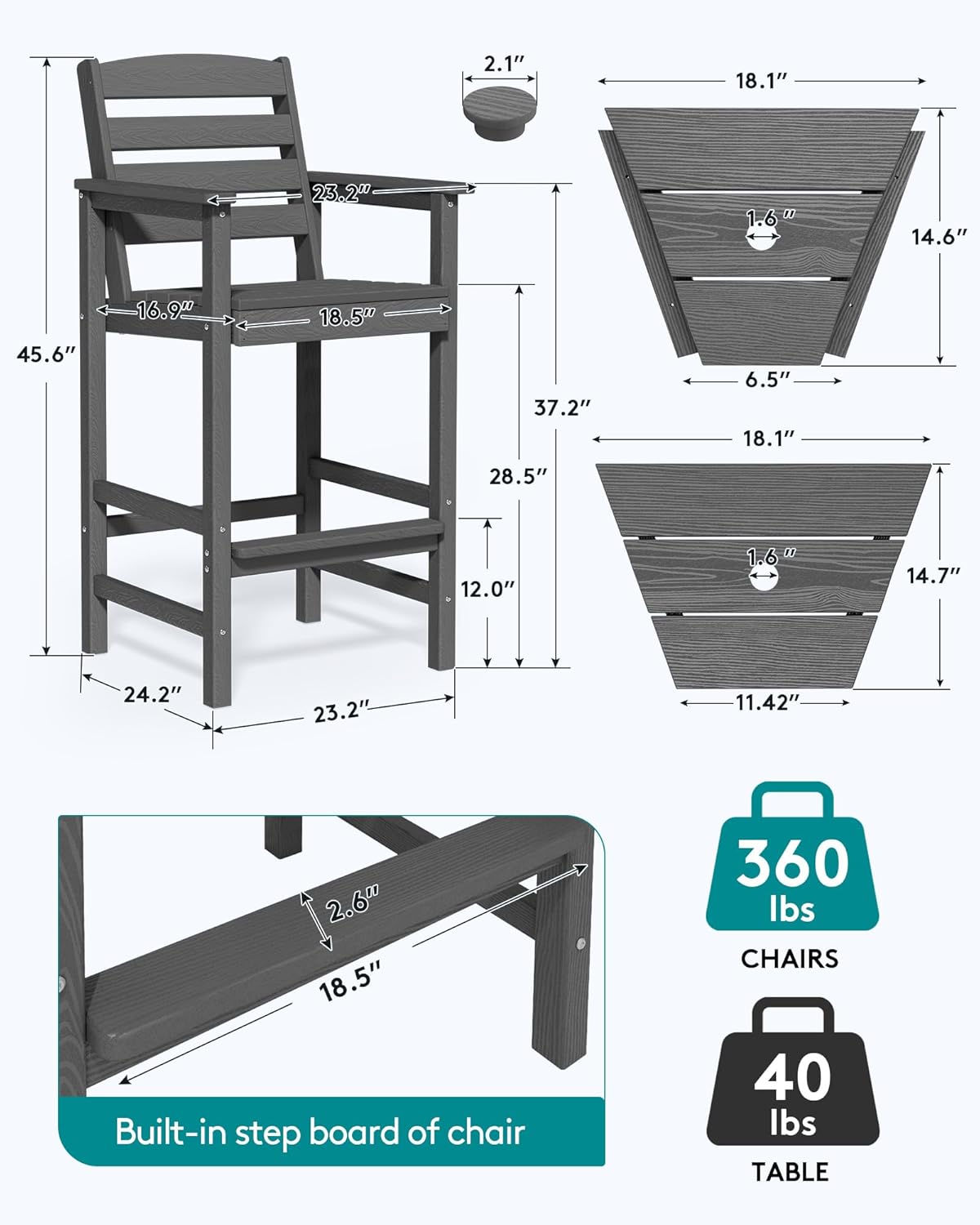 SERWALL Tall Adirondack Chairs Set of 2 with Connecting Table, Grey
