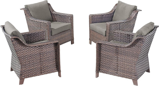 Outdoor Wicker Patio Chairs Set of 4 - Heavy Duty Outside Rattan Lawn Chair for Front Porch Balcony Backyard Yard Deck Poolside Apartment – Brown/Grey