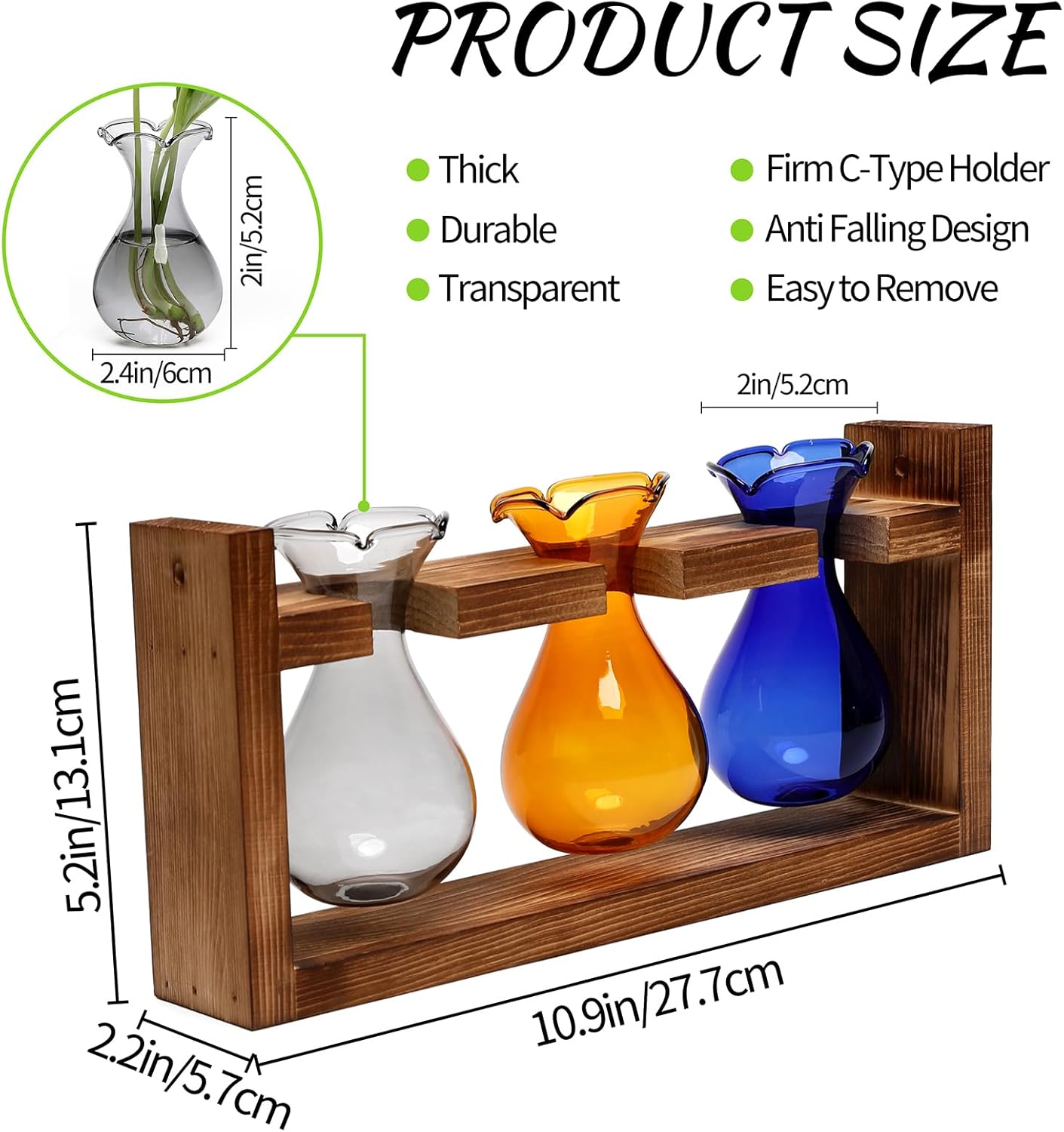 Plant Propagation Station Plant Terrarium Unique Birthday Gifts for Women Plant Lovers Home Office Decor Planter with Wooden Stand - 3 Bulb Glass Vase