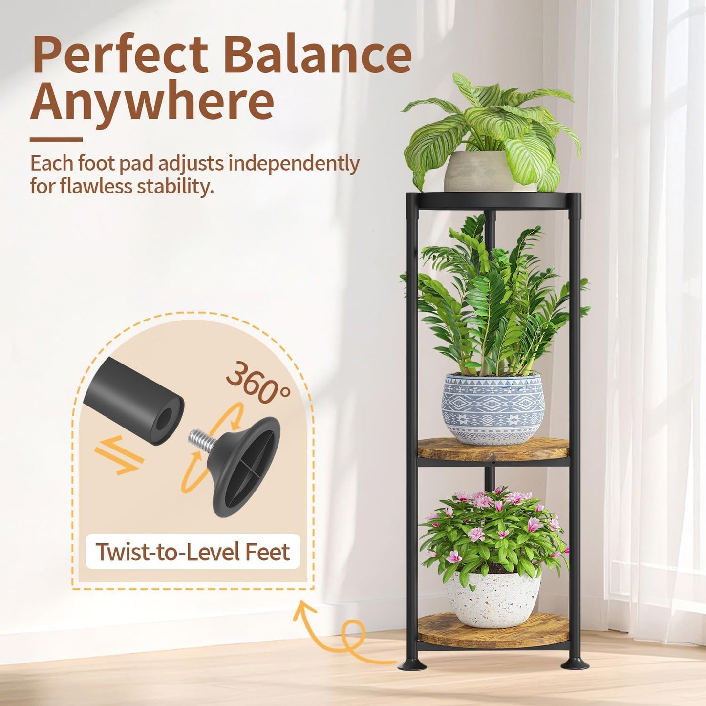 LASZOLA 3 Tier Black Plant Stand Indoor for Large Tall Heavy Duty Flower Planter, Metal Vertical Multi Level Rack for Narrow Floor Corner, Sturdy Round Holder Organizer, Modern, Mid Century, Farmhouse
