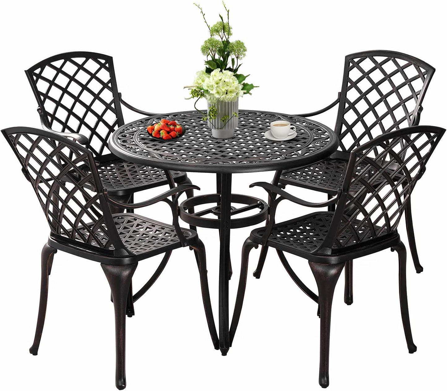 5-Piece Patio Dining Set Outdoor Bistro Set,Anti Rust Cast Aluminum Patio Table and Chair Set of 4 with Umbrella Hole,Suitable for Patio Garden Deck(Antique Bronze)