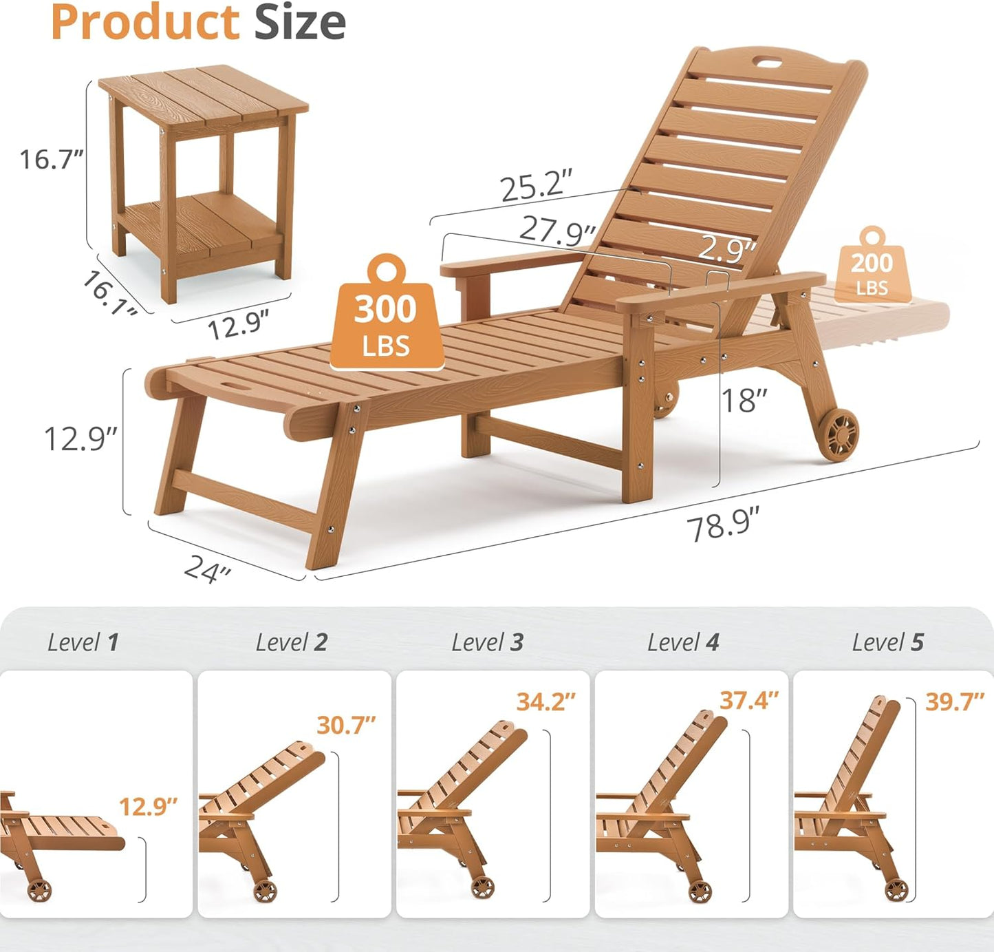 LUE BONA Chaise Lounge Chair with Table, 2-Piece, 79'' Oversized HDPS Chaise Lounger, 5 Positions Adjustable Lounge Chairs, Pool Lounge Chair with Wheels for Poolside, 3 Year Warranty, Teak Color