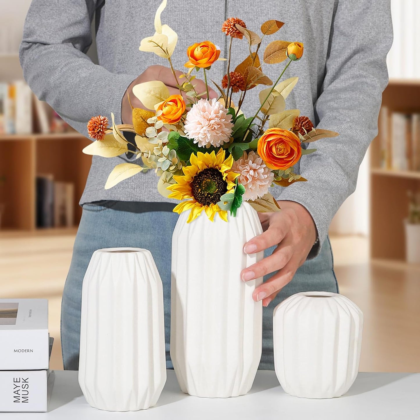 Ceramic Vase Set of 3, White Vase for Modern Home Decor, Decorative Vases for Bouquet Pampas Grass Dried Flowers, Living Room, Bedroom, Bathroom, Shelf Centerpiece Table Decorations