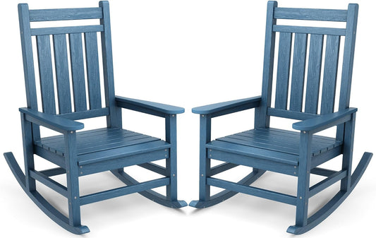 SERWALL Oversized Outdoor Rocking Chair Set of 2, HDPE Rocker for Adults, Patio Rocking Chairs for Porch, Blue