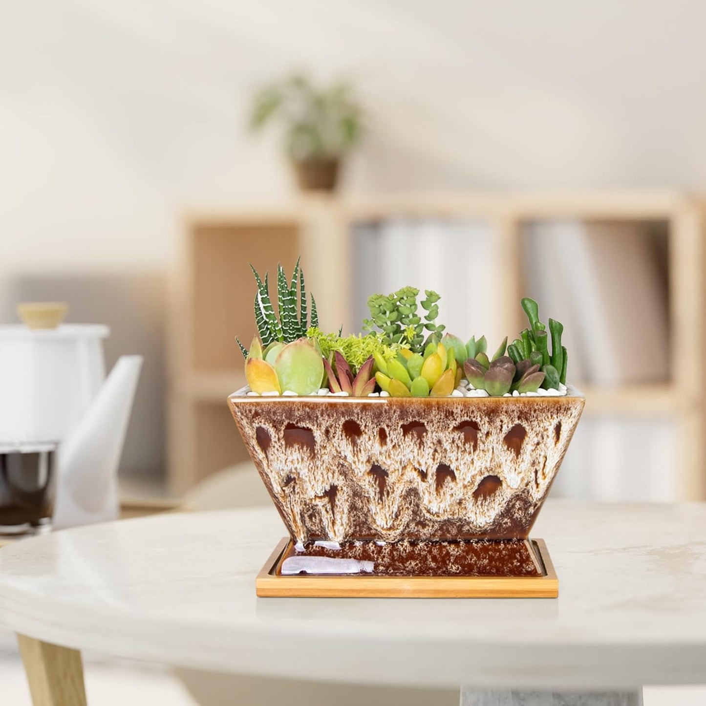 ARTKETTY Succulent Pots - 7 Inch Large Plant Pot with Drainage Tray, Shallow Ceramic Pots for Indoor Plants, Modern Cactus Bonsai Plant Container Decorative Home Office