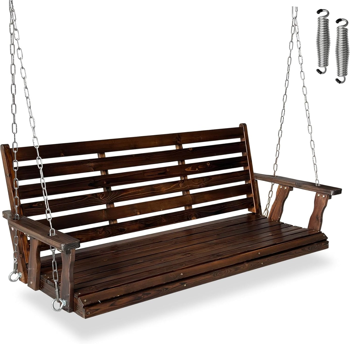 Wooden Porch Swing, Ergonomic Seat, Bench Swing with Hanging Chains and 7mm Springs, Heavy Duty 880 LBS, for Outdoor Patio Garden Yard (Deep Brown, 3-Seater Extra Large)