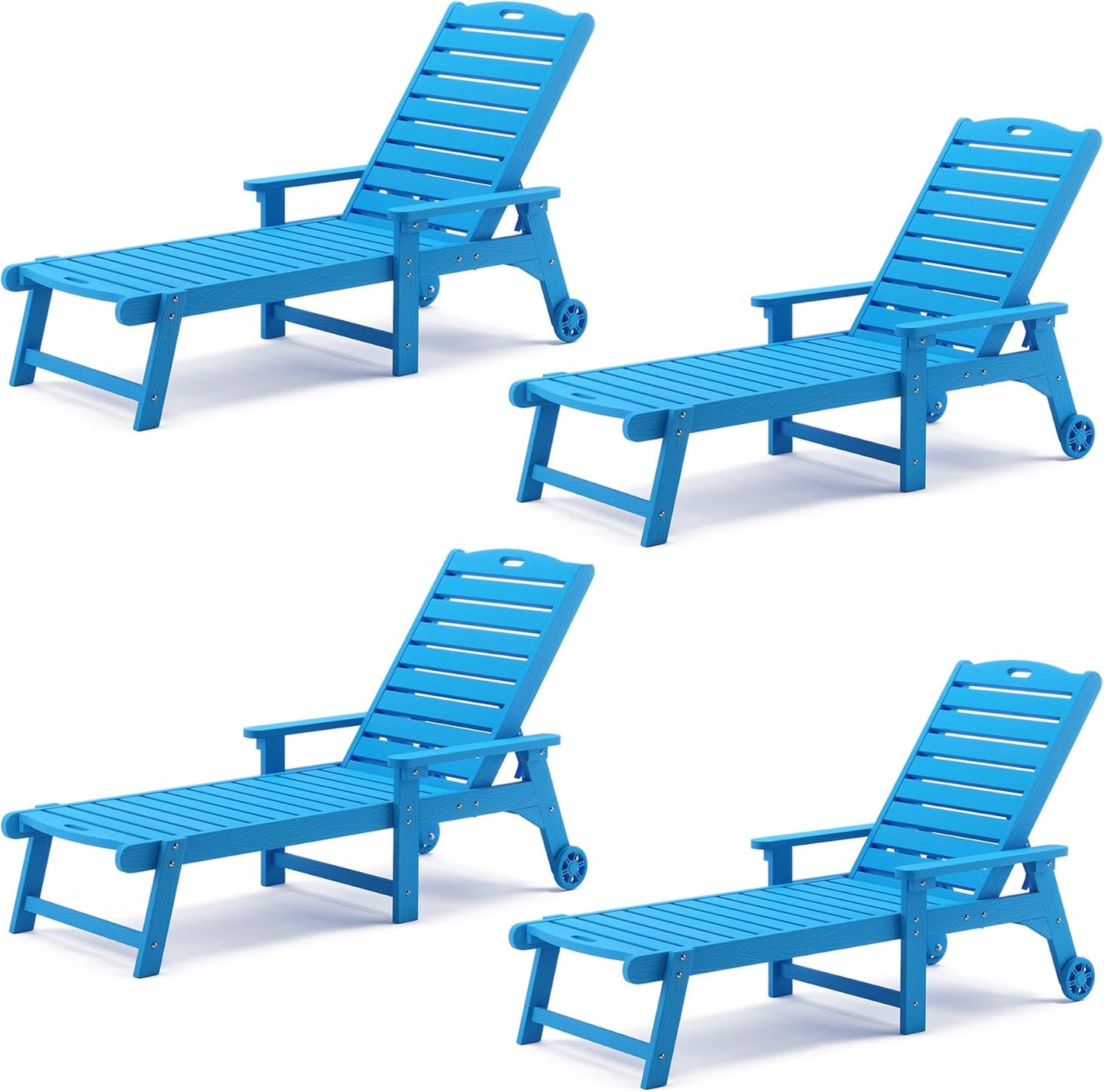 LUE BONA Outdoor Chaise Lounge Chairs Set of 4, 79'' Oversized HDPS Chaise Lounger, 5 Positions Adjustable Lounge Chairs, Pool Lounge Chair with Wheels for Poolside, Backyard, 3 Year Warranty, Blue