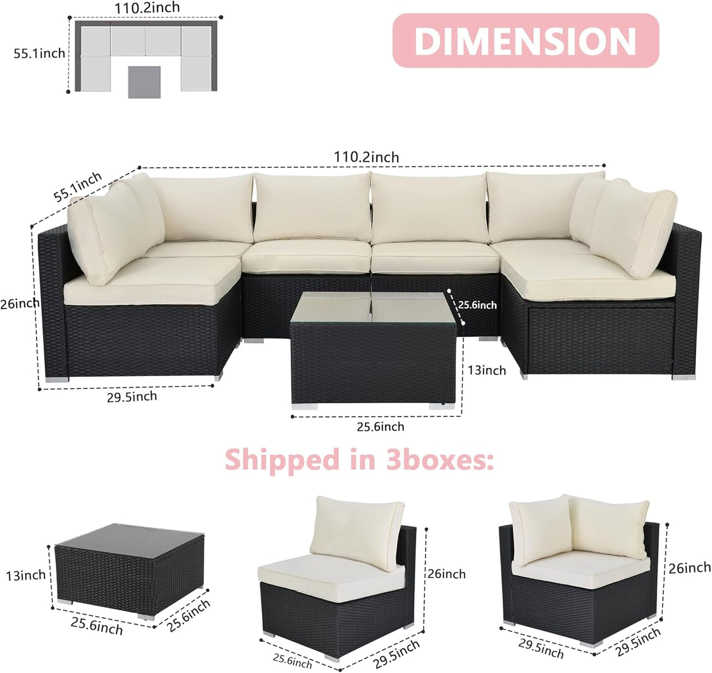 7-Piece Patio Furniture Set - Outdoor Sectional Sofa Set with Cushions and Glass-Top Coffee Table for Gardens, Poolside, Backyards and Porches, Black/Beige