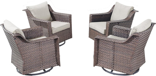 Outdoor Patio Wicker Swivel Chairs - Set of 4 Outside Rattan Rocker Glider Chair Rocking Armchairs for Front Porch Balcony Backyard Yard Deck Poolside Apartment – Brown/Beige