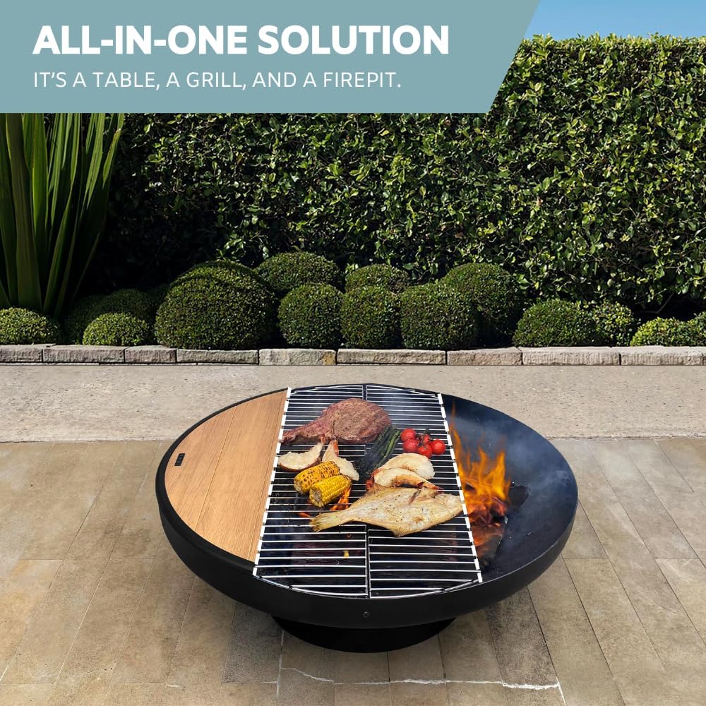 32 Inch Round Fire Pit Table with Fire Pit Grill, Extra Thick, Heavy Duty Fire Bowl, Deep Outdoor Firepit, Wood Burning Firepits for Outside Patio, Backyard Fire Pits, Large BBQ Pit