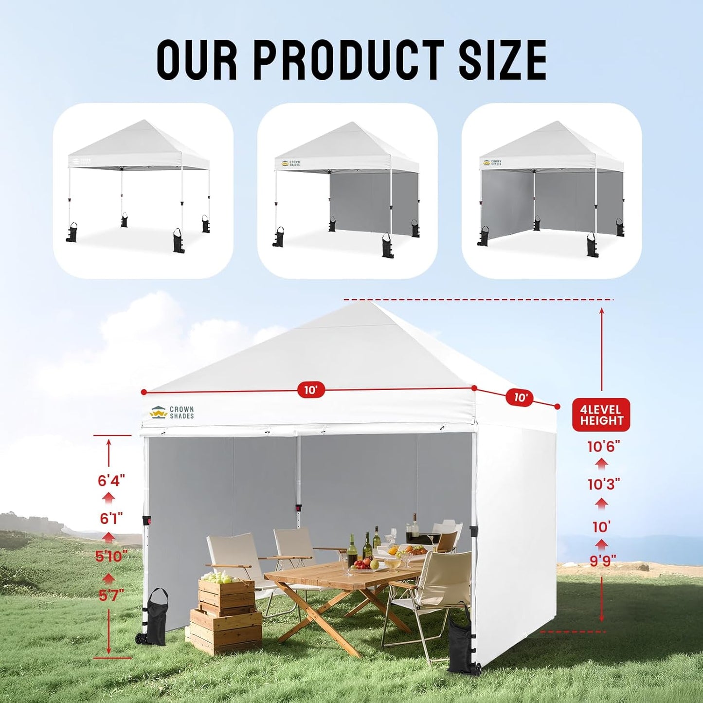 CROWN SHADES 10x10 Pop Up Canopy Tent Instant Commercial 1-Person Setup Patended Centerlock with 400D Fabric, 4 Sidewalls, 4" Wheels, 4 Upgraded Weights, Sto'N Go Bag, White
