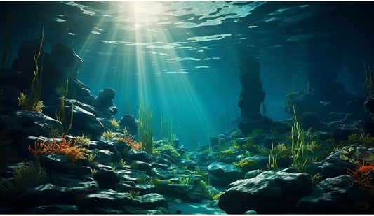 Aquarium Background Ocean Floor Fish Tank Background Underwater Coral Reef Stone Aquarium Backdrop Seaweed Background Sunlight Tank Backdrop Perfect Aquarium Backdrop Durable Vinyl 24x12in