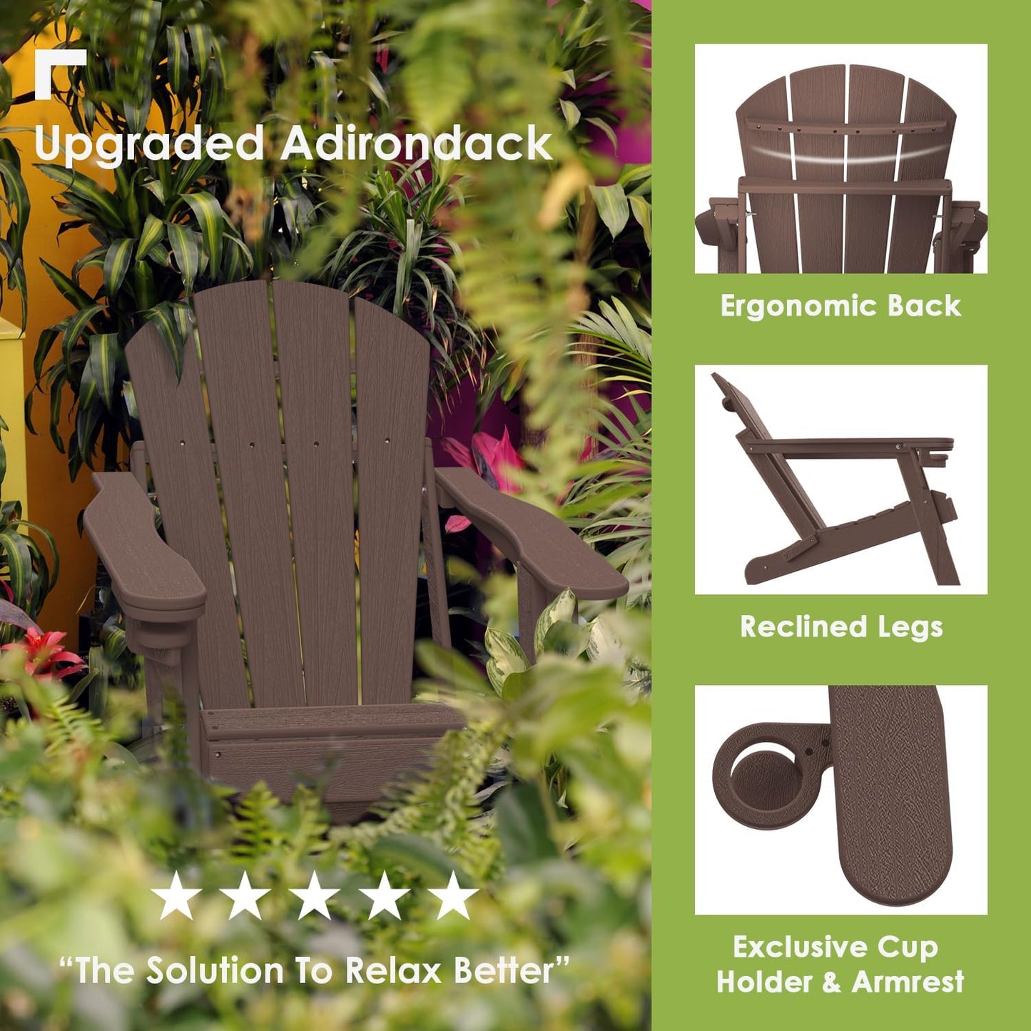 GREENVINES Folding-Adirondack-Chair-Set-of-2 | Wood Grain | HDPE Plastic | Fire Pit Chairs | All Weather | Cup Holder | Dark Brown | for Deck Backyard Patio Outdoor