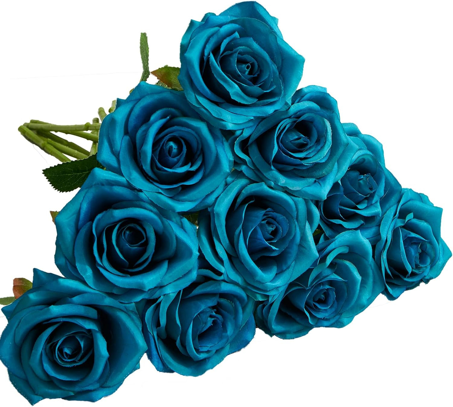 Teal Artificial Rose 10pcs Open Flower Bouquet Faux Rose Stems Turquoise Blue Roses for Wedding Arrangement, Bridal Bouquet, Centerpiece, Fake Faux Silk Flowers