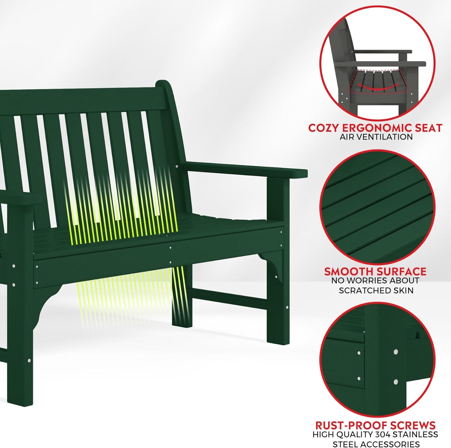 Garden Bench, Farmhouse Park Front Porch for Entryway Bench Outdoor Seating Low Bench Patio Bench Outside/Indoor, Dark Green