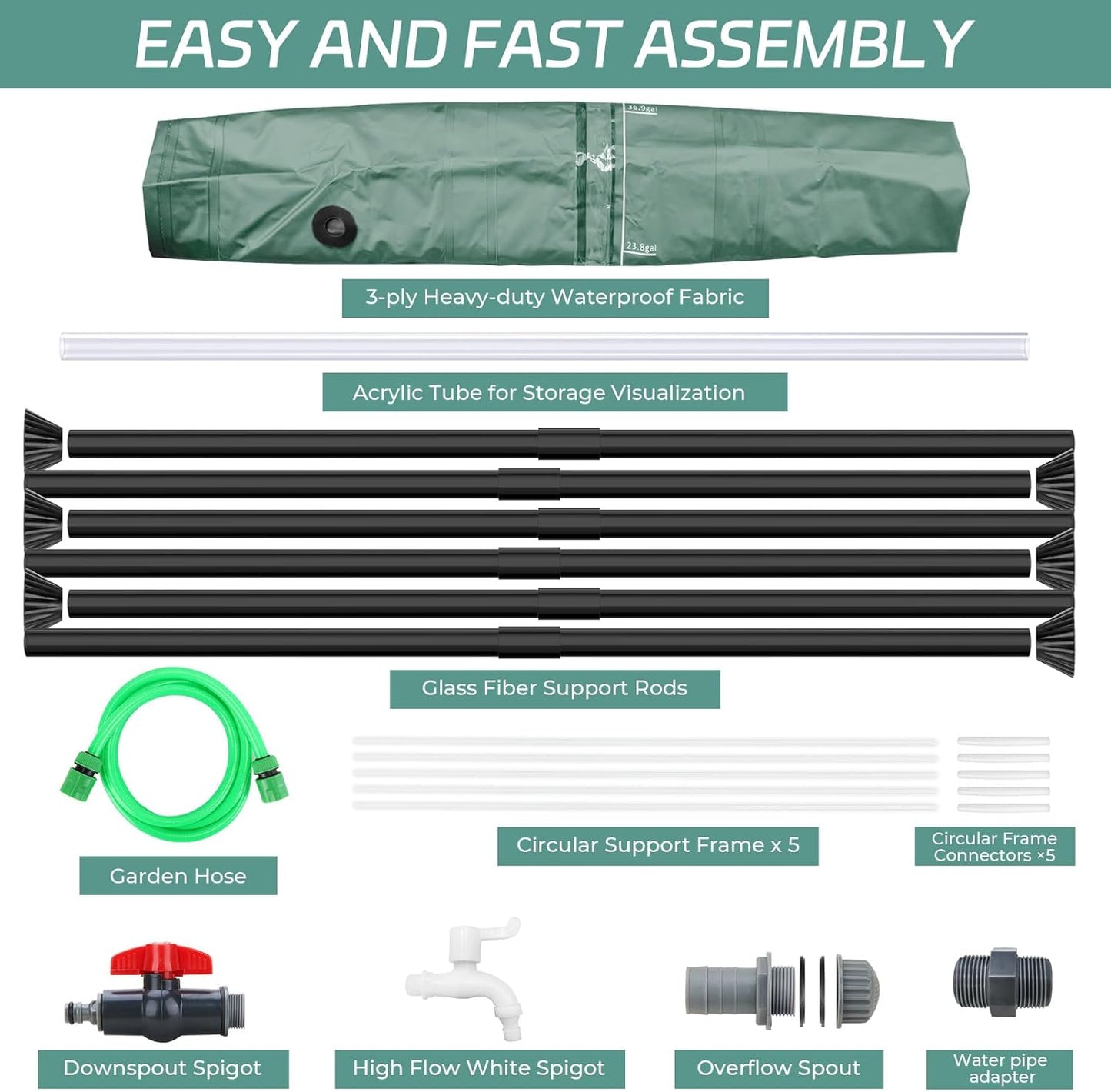 Rain Barrels to Collect Rainwater from Gutter - Portable Water Storage Tank Water Barrel Rainwater Collection System Rain Catcher Include Filter Two Spigots and Overflow Kit (53 Gallon,Green)