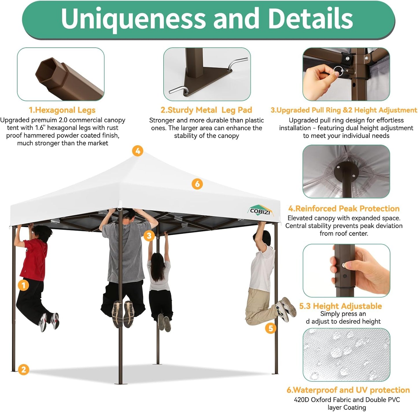 COBIZI 10x10 Pop Up Canopy Tent Heavy Duty with 4 Sidewall, Commercial Outdoor Easy Pop Up Gazebo for Party Wedding All Weather Waterproof UV 50+ with Carry Bag(Leg Upgraded),White