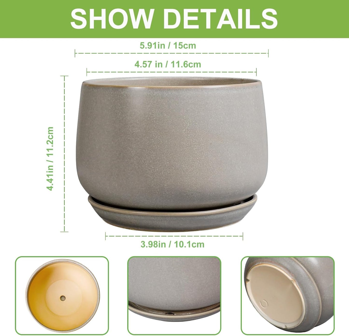 G EPGardening Ceramic Plant Pots - Round 6 Inch Modern Planter with Drainage and Plant Saucer Indoor Outdoor for Flower, Garden Decor, Gifts for Home, Retro Gray