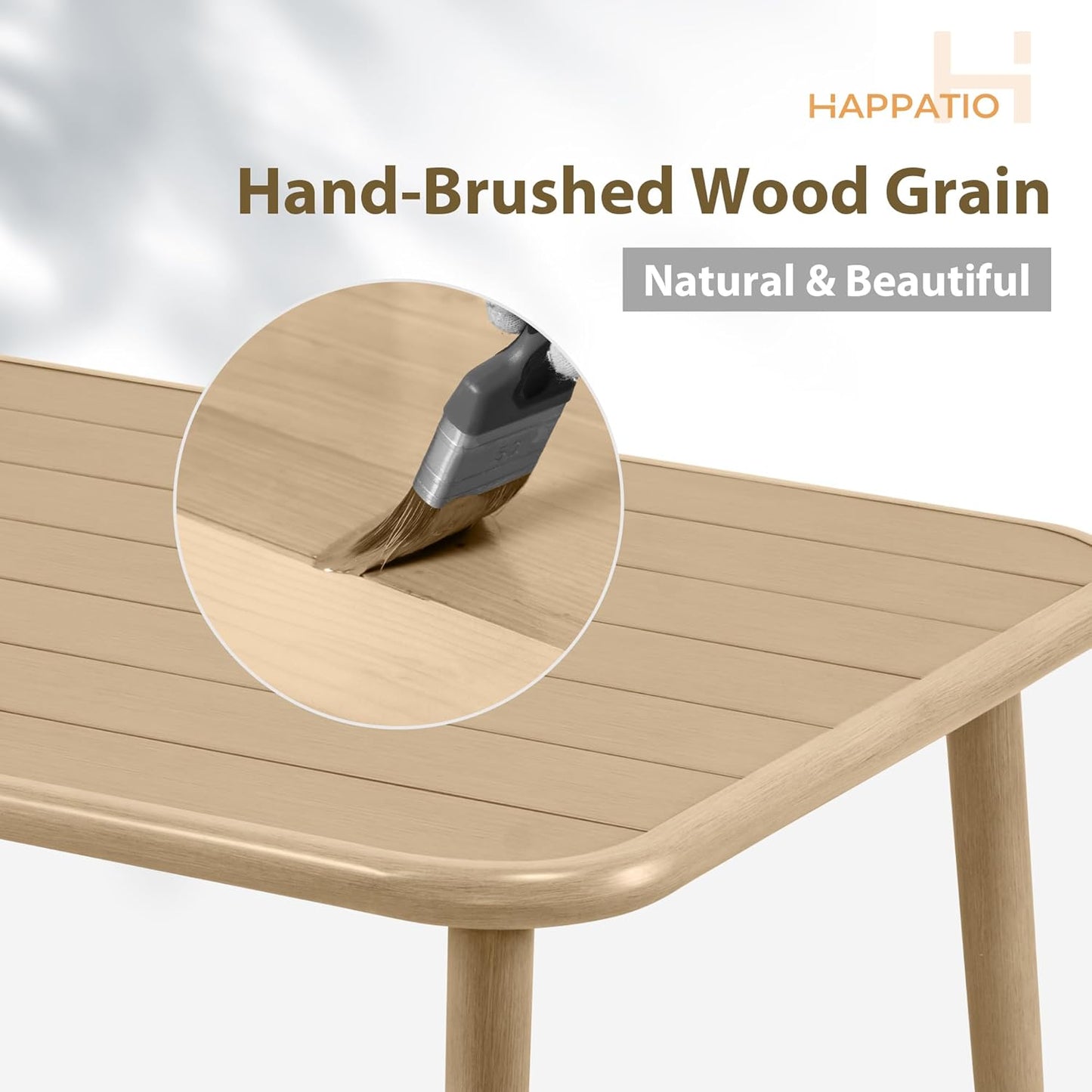 HAPPATIO Outdoor Dining Table for 8, Large Rectangular Aluminum Frame Patio Dining Table, Wood-Like Tabletop with 2" Umbrella Hole for Deck, Backyard, Lawn, Garden