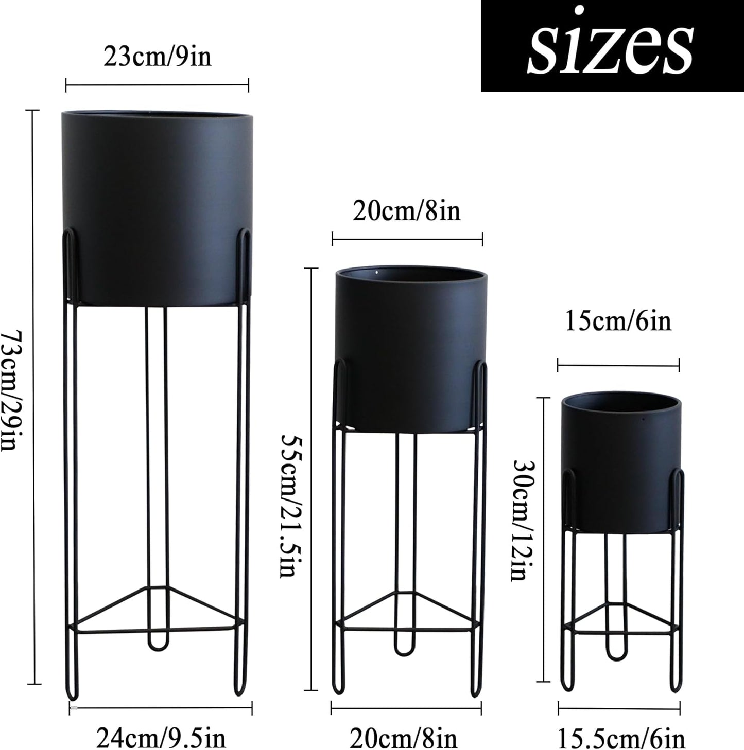 TRIROCKS Set of 3 Planters with Stand Indoor Otdoor Tall Planters for Indoor Plants 29 &18 &12" Morden Planters Flower Pots for Living Room Corner Kitchen Office Garden Balcony Patio Decor(Black)