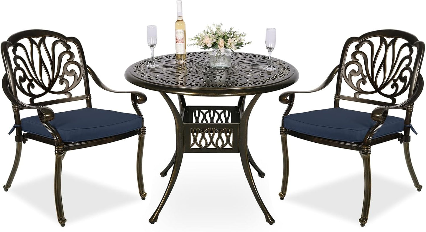 MEETWARM 3 Piece Patio Bistro Set, Outdoor All-Weather Cast Aluminum Dining Furniture Set Includes 2 Cushioned Chairs and a 35.4” Round Table with Umbrella Hole for Garden Deck, Navy Blue