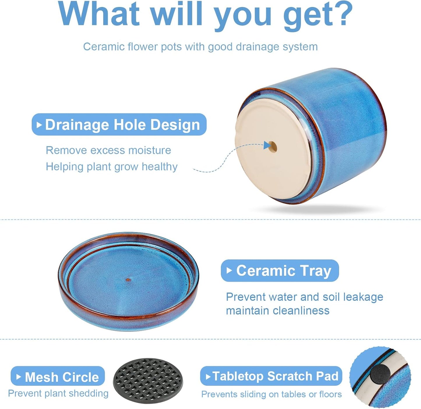 EFISPSS 10 Inch Plant Pot, Ceramic Large Planter for Outdoor Plants, Plant Pots with Drainage Hole and Saucers, Modern Flower Pot for Home Garden Patio Office - Blue