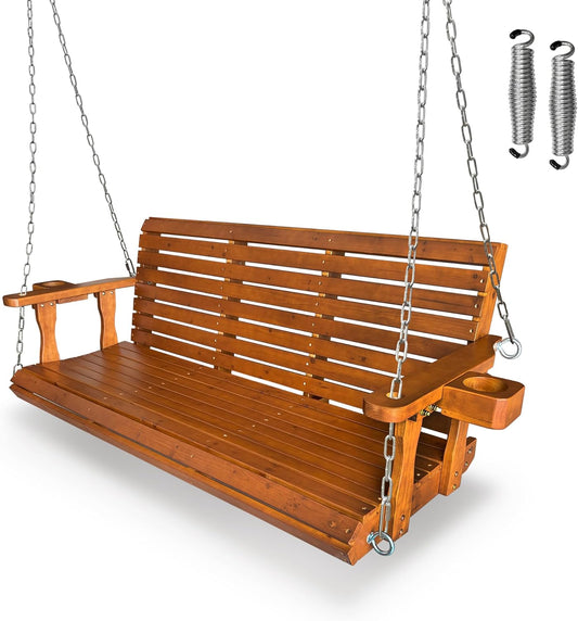 Wooden Porch Swing 3-Seater, High Backrest and Deep Seat, Bench Swing with Cupholders, Hanging Chains and 7mm Springs, Heavy Duty 880 LBS, for Outdoor Patio Garden (Cedar Tone, 5 FT Extra Large)