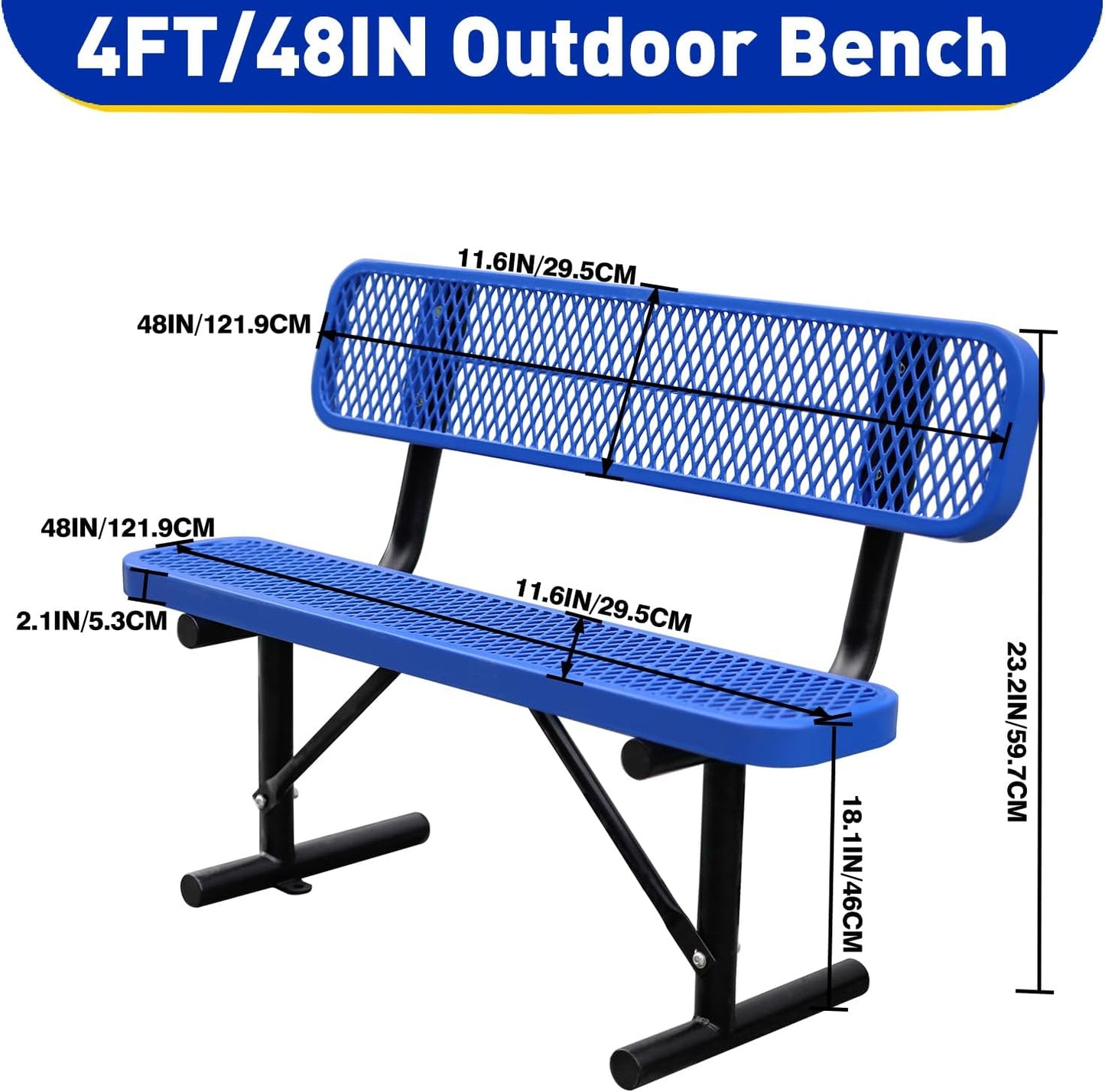 Drexo 4FT Heavy Duty Park Bench with Back Portable Frame, Outdoor Metal Park Bench with Backrest, Steel Mesh Outdoor Bench for Garden, Lawn, Patio, Porch, Park, Yard (Blue, 4FT)