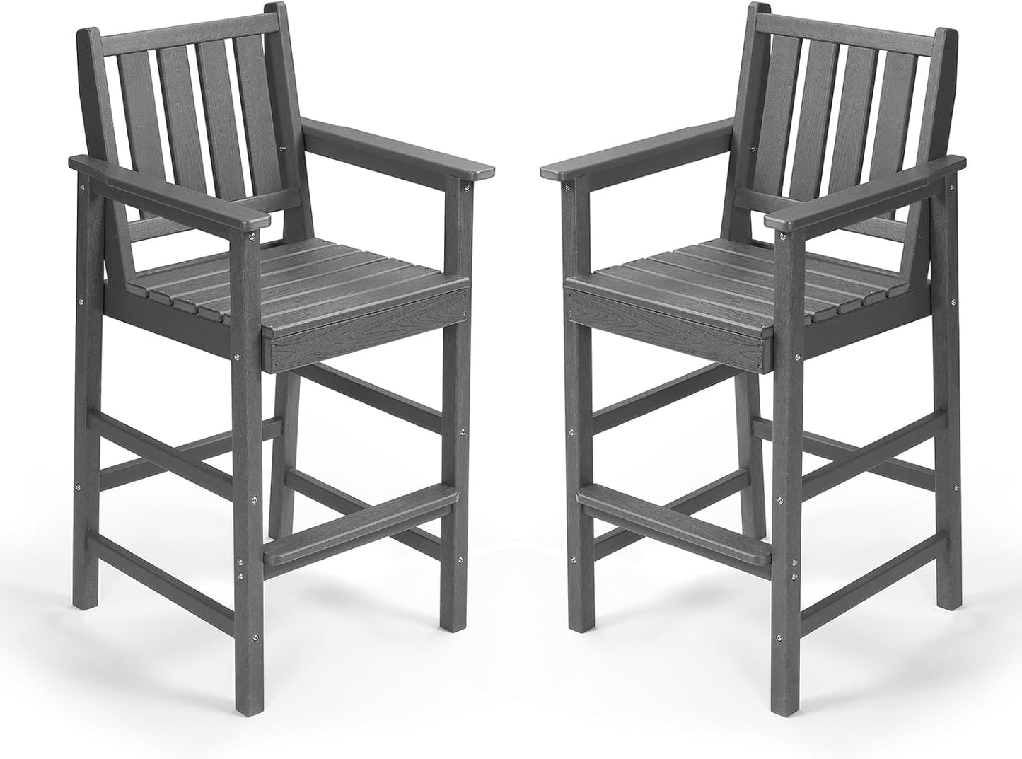 Adirondack Bar Chair Set of 2, HDPE Tall Adirondack Chairs Bar Stools with Footrest, Outdoor Bar Height Stool Chair Set, HDPE Patio Barstools Set for Balcony, Porch, Deck, Pool, Smoke Gray
