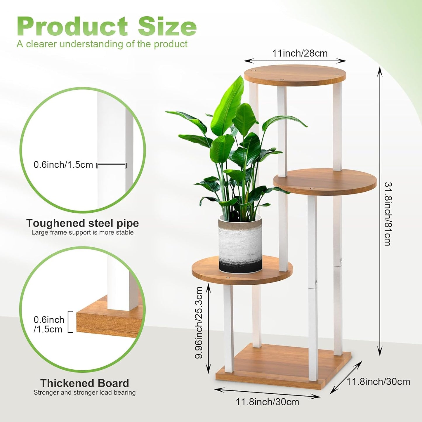 4 Tier Wood Tall Plant Stand Metal Rack Indoor, Multiple Flower Pot Holder Shelves Corner Rack, Round Planter Shelf Display Rack Storage Organizer for Patio Living Room Balcony(White)