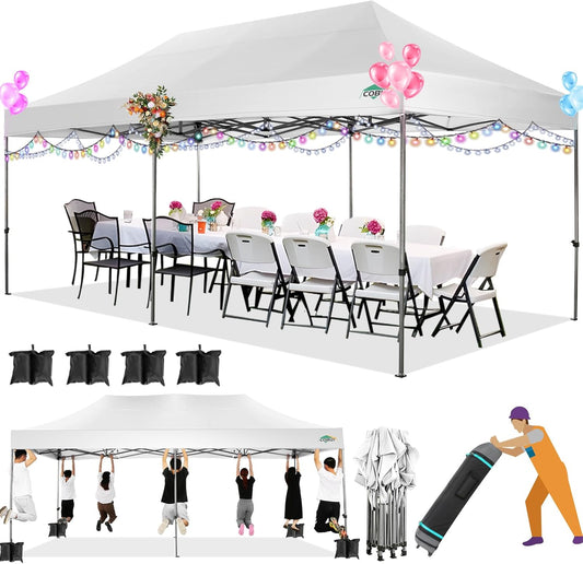 COBIZI 10x20 Heavy Duty Pop up Canopy Tent Easy Up Commercial Outdoor Canopy Wedding Party Tents for Parties All Season Wind & Waterproof Gazebo with Roller Bag,White(Frame Thickened)