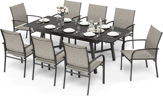 HERA'S HOUSE Extendable Patio Table and Chairs Set for 8, 9 Pieces Outdoor Dining Sets, 61"-84" Rectangular Metal Table with Chairs for Deck Lawn Garden Porch