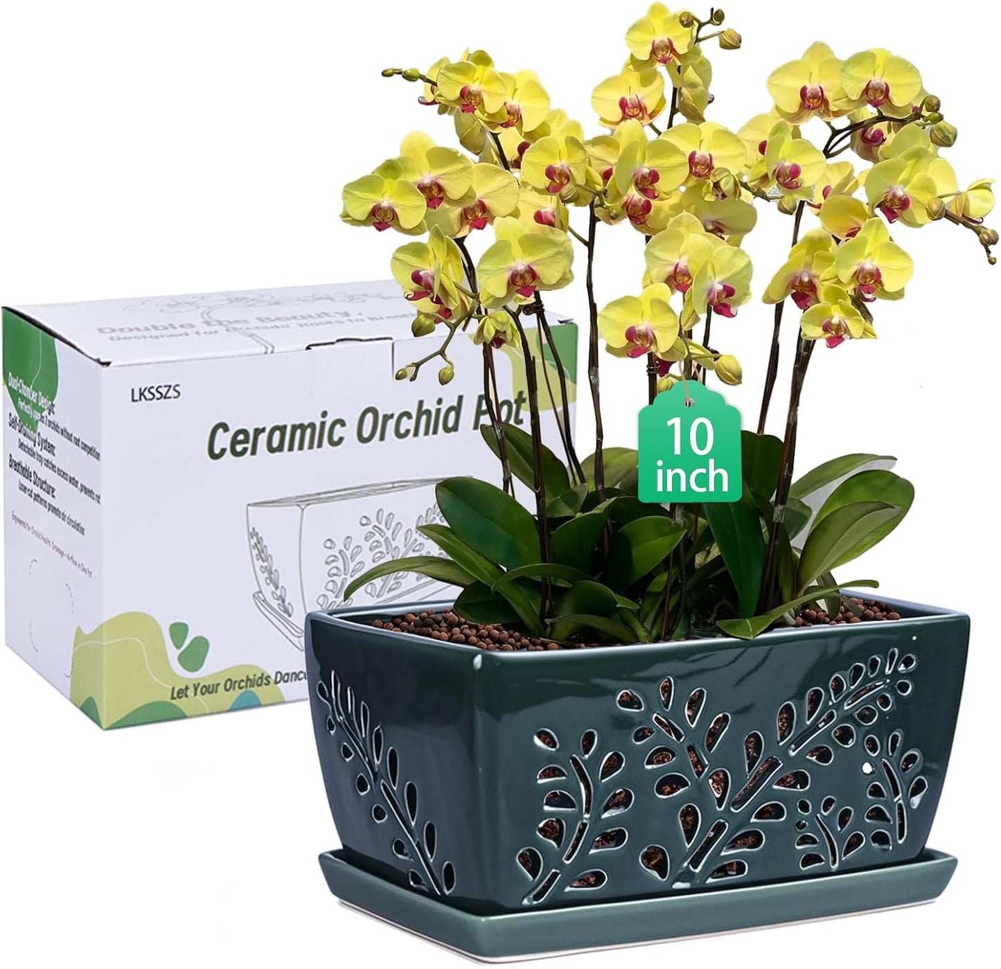 Ceramic Orchid Pot, 10 Inch Rectangular Orchid Pots with Holes, Premium Thickened Handmade Glazed Pot for Orchidaceae Plants, Indoor Outdoor Decorative Flower Pot for Easy Repotting