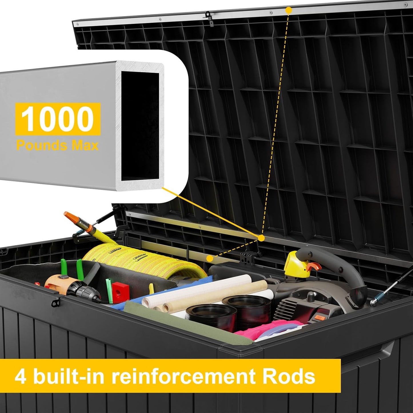 XXL 230 Gallon Large Resin Deck Box, Lockable Outdoor Storage Box for Patio Cushions Storage Furniture,Garden Tools, Pool Supplies, Weatherproof and UV Resistant- Black (230 Gallon)