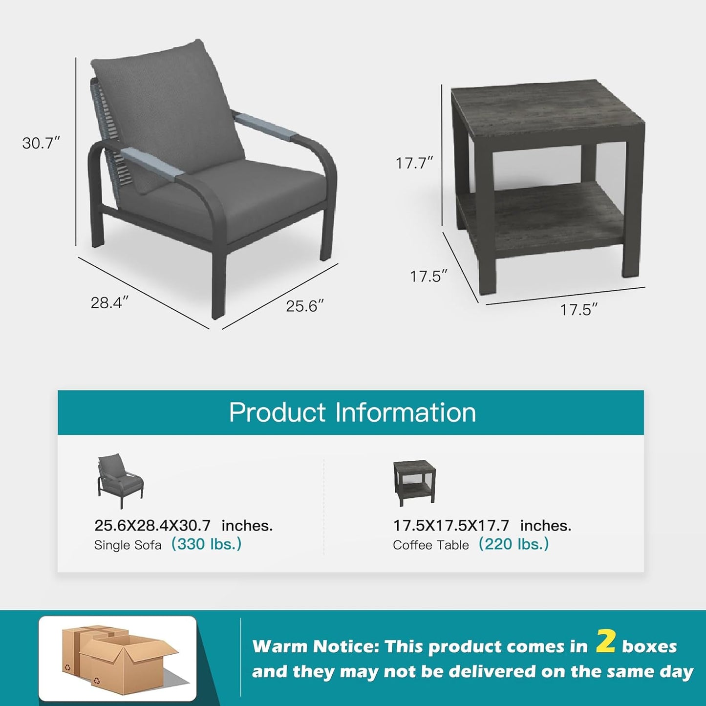 3 Piece Outdoor Bistro Set, All Day Hand-Woven Rattan Patio Furniture Set with Aluminium Frame and Coffee Table, Waterproof Fabric, Thickened Sponge Cushion, Suitable for Patio, Deck,Grey