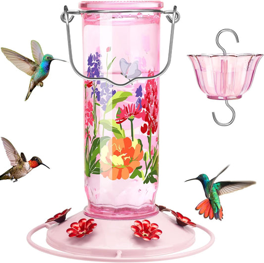 Kingsyard Hummingbird Feeder for Outdoor Hanging - Charming Patterned Glass Humming Bird Feeder with 6 Feeding Ports and Ant Moat, Ideal Gift Choice for Bird Lovers, Pink
