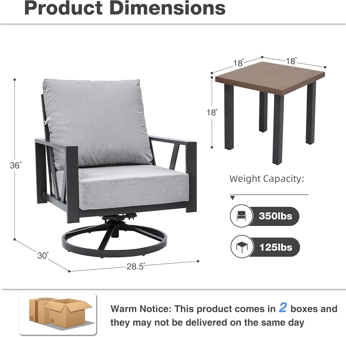 Outdoor Patio Swivel Rocking Chairs Set, Front Porch Furniture with 6" Thick Cushions, 3 Pieces Outdoor Bistro Set with Coffee Table, 350lbs, Light Grey