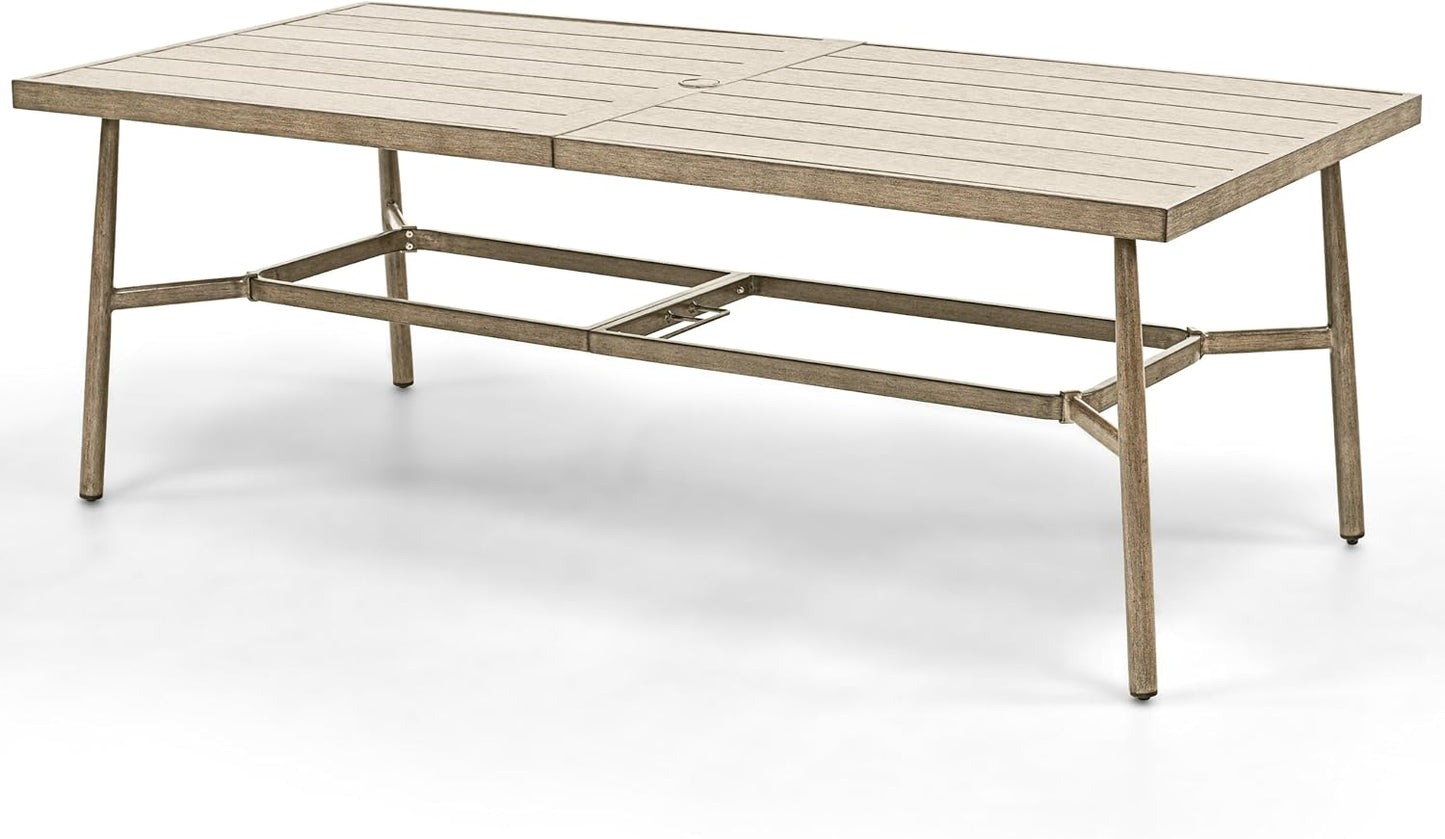 HAPPATIO Patio Table for 8, Large Modern Rectangle Outdoor Dining Table with Umbrella Hole and Adjustable Feet, All Weather Aluminum Patio Table for Garden, Backyard and Poolside, Brown